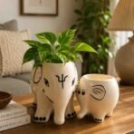 Elephant Ceramic Planter - Hand-Painted White Ceramic Animal Pot (