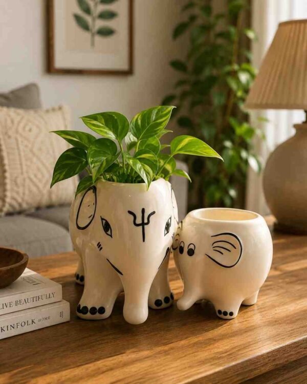 Elephant Ceramic - Hand-Painted White Ceramic Animal Pot ( Elephant Ceramic Planter - Hand-Painted White Ceramic Animal Pot (