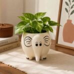 Elephant Ceramic Planter - Hand-Painted White Ceramic Animal Pot (