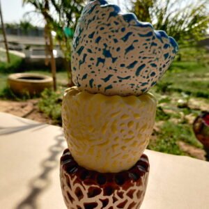 Splatter Glaze Ceramic Planter | Scallop Rim | Blue, Yellow & Brown