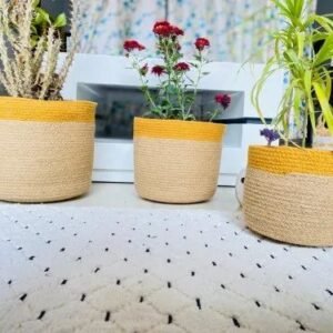 A 1 2 500X500 1 Handcrafted Round Woven Jute Storage Basket Beige With Yellow Border (Pack Of 3)