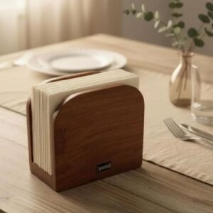 Elegant Wooden Napkin Holder With White Paper Napkins For Dining Table Decor.
