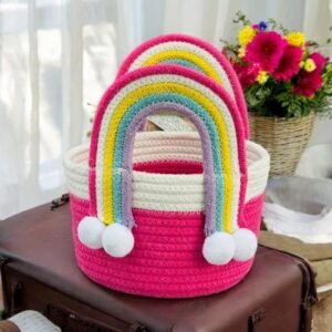 Aticue Cotton Yarn Braided Cute Design Rope Basket Hand Woven Storage Basket Rainbow Handle 500X500 1 Aticue Cotton Yarn Braided Cute Design Rope Basket Hand Woven Storage Basket Rainbow Handle