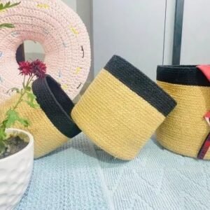 B 6 1 500X500 1 Handcrafted Round Woven Jute Storage Basket Beige With Black Border (Pack Of 3)