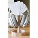 Stylish wooden headphone holder for desk, keeps headphones organised and accessible.