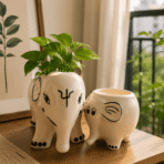 Elephant Ceramic Planter - Hand-Painted White Ceramic Animal Pot (