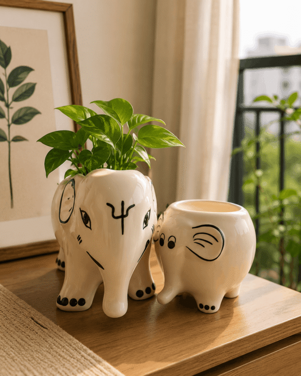 Elephant Ceramic Planter - Hand-Painted White Ceramic Animal Pot ( Elephant Ceramic Planter - Hand-Painted White Ceramic Animal Pot (
