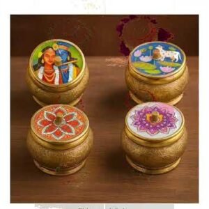 Antique brass wooden boxes with colourful Indian artwork for elegant home decor.