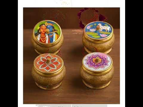 Decorative Brass Box Set for Home Storage and Decor Antique brass wooden boxes with colourful Indian artwork for elegant home decor.