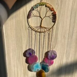Handcrafted Seven Chakra Agate Wind Chime Reiki Healing Crystal Decor Meditation Hanging Decorative Wind Chime for Home Balcony and Garden Decor