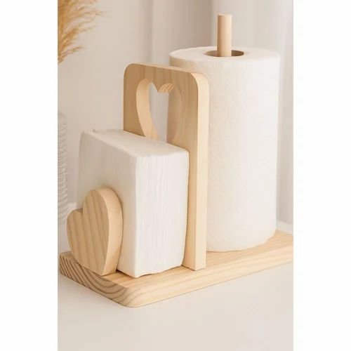 Wooden heart and block decor set with paper towel roll on a light wooden tray. Cute wooden heart and block decor for home or kitchen decoration.