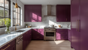 Modern Kitchen With Bold Aubergine Purple Painted Cabinets Marble Countertops Brass Hardware Natural Light Streaming Through Windows Contemporary Design High End Interior Photography Style The Painted Cabinet Trend: How To Give Your Kitchen A Dramatic Makeover In 2026
