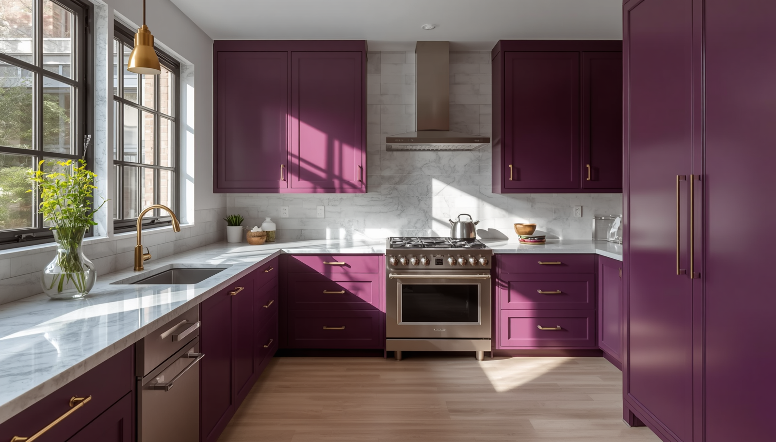 Modern Kitchen With Bold Aubergine Purple Painted Cabinets Marble Countertops Brass Hardware Natural Light Streaming Through Windows Contemporary Design High End Interior Photography Style The Painted Cabinet Trend: How To Give Your Kitchen A Dramatic Makeover In 2026