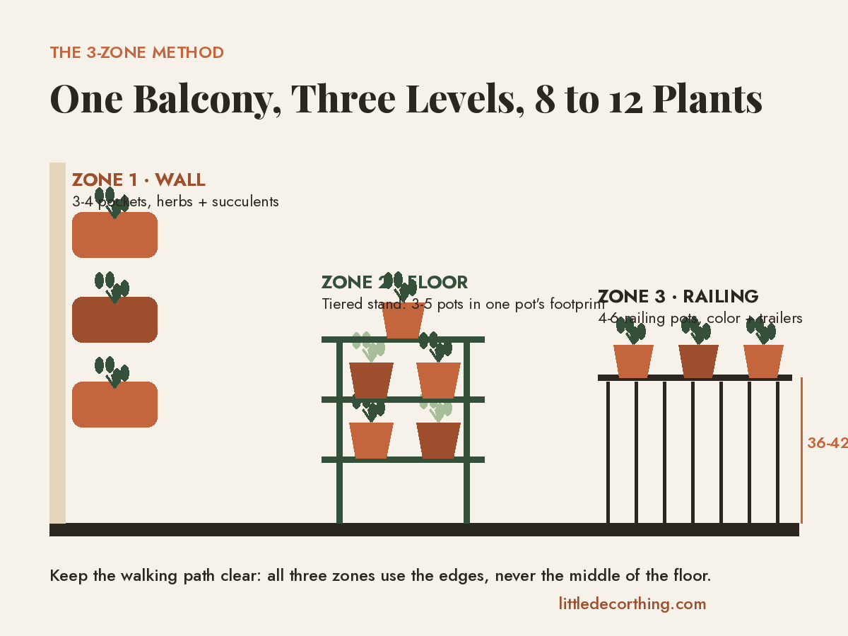 How to Make a Garden in a Balcony: A Step-by-Step Plan for Indian Apartments 15 Diagram Of The 3-Zone Balcony Garden Method Showing Wall Pockets, A Tiered Floor Stand, And Railing Pots