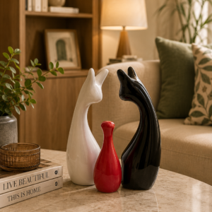 Ceramic cat family figurine set of 3 black white red 2 ceramic deer family figurine set of 3 - black white red