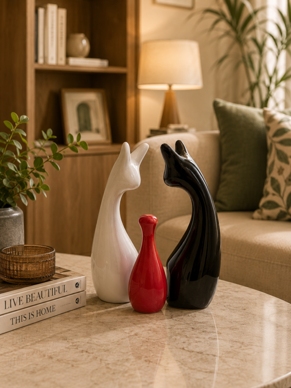 Ceramic Cat Family Figurine Set of 3 - Black White Red (2)