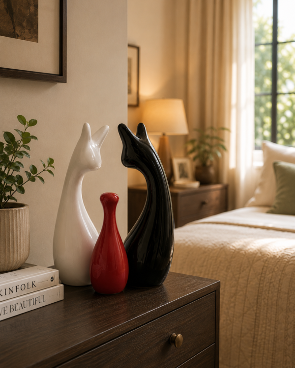 Ceramic Cat Family Figurine Set of 3 - Black White Red (3) Ceramic Cat Family Figurine Set of 3 - Black White Red (3)