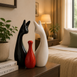 Ceramic Cat Family Figurine Set of 3 - Black White Red (4)