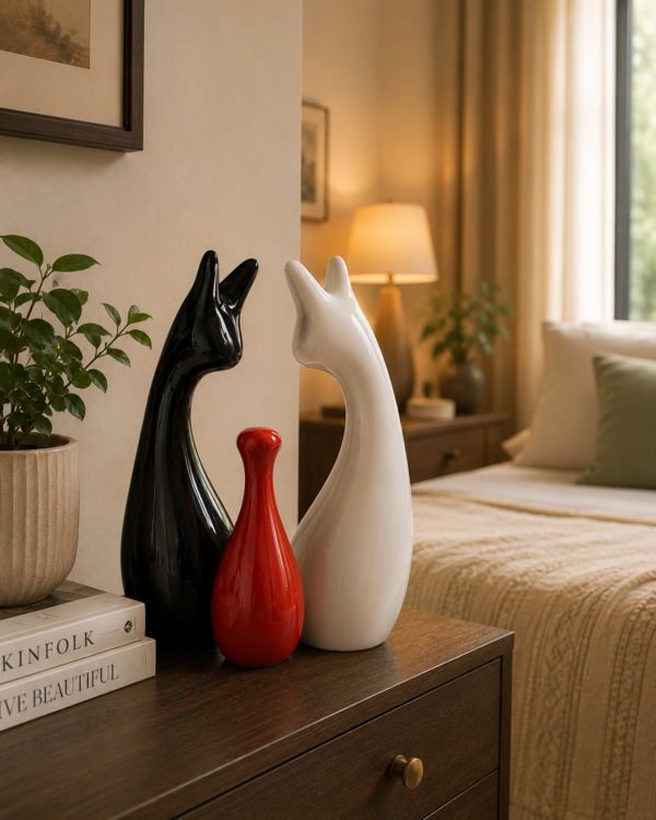 Ceramic Cat Family Figurine Set of 3 - Black White Red (4) Ceramic Cat Family Figurine Set of 3 - Black White Red (4)