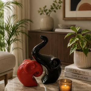 Ceramic elephant pair showpiece red and black abstract set 2 ceramic elephant pair showpiece - red and black abstract set