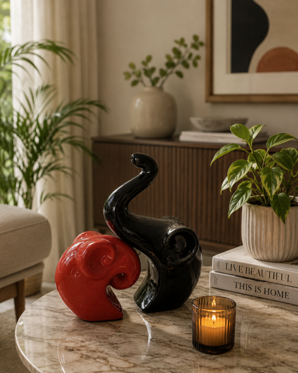 Ceramic Elephant Pair Showpiece - Red and Black Abstract Set (2)
