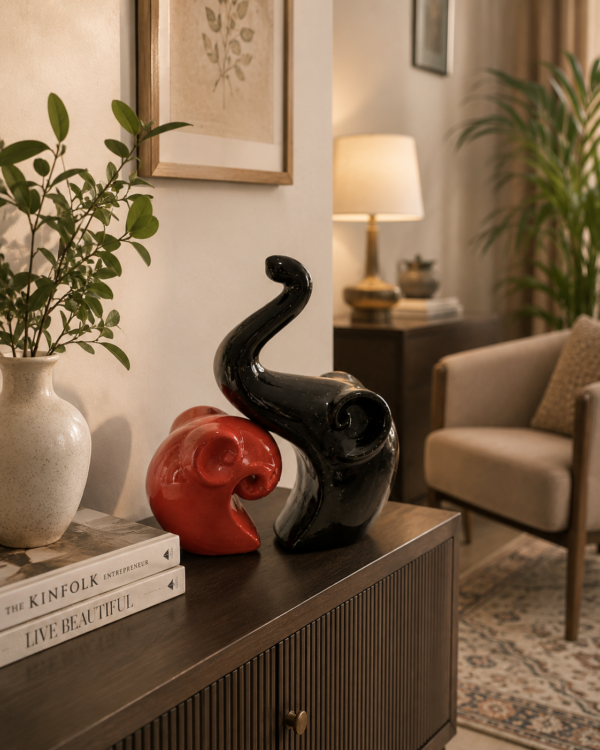 Ceramic Elephant Pair Showpiece - Red and Black Abstract Set (3) Ceramic Elephant Pair Showpiece - Red and Black Abstract Set (3)
