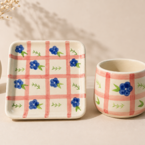 Chatgpt image aug 24 2026 02 04 48 pm gingham check ceramic mug with flower handle - cottagecore coffee cup