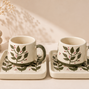 Botanical leaf ceramic cup and saucer set of 2 – berry green leaf