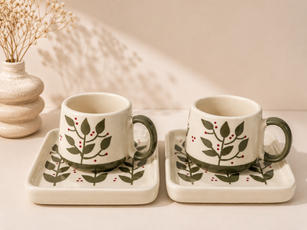 Botanical Leaf Ceramic Cup and Saucer Set of 2 – Berry Green Leaf