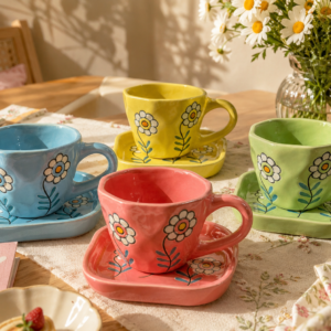 Daisy flower ceramic cup and saucer set