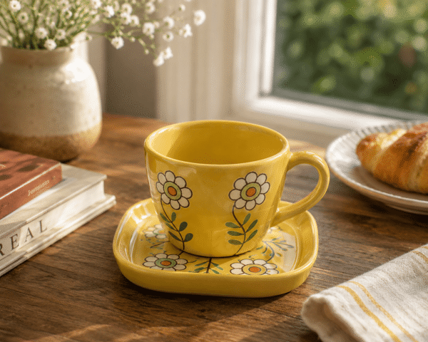 Daisy Flower Ceramic Cup and Saucer Set – Hand Painted (1) Daisy Flower Ceramic Cup and Saucer Set – Hand Painted (1)