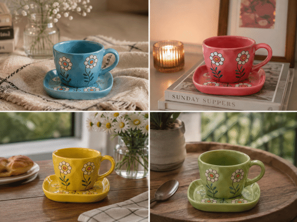 Daisy Flower Ceramic Cup and Saucer Set – Hand Painted (4) Daisy Flower Ceramic Cup and Saucer Set – Hand Painted (4)