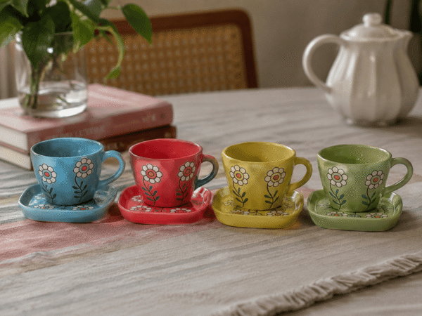 Daisy Flower Ceramic Cup and Saucer Set – Hand Painted (6) Daisy Flower Ceramic Cup and Saucer Set – Hand Painted