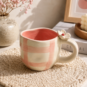 Floral ceramic cup and saucer – pink check blue flower print gingham floral ceramic cup and saucer - pink check blue flower print