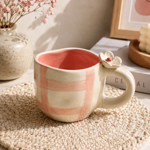 Floral Ceramic Cup and Saucer – Pink Check Blue Flower Print