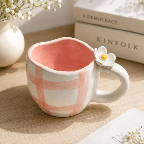 Gingham Floral Ceramic Cup and Saucer – Pink Check Blue Flower Print Gingham Floral Ceramic Cup and Saucer – Pink Check Blue Flower Print
