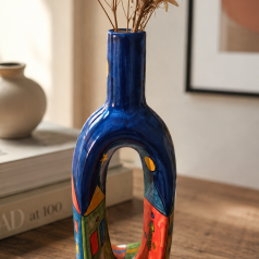 Hand Painted Ceramic Loop Vase - Abstract Folk Art Blue (1)