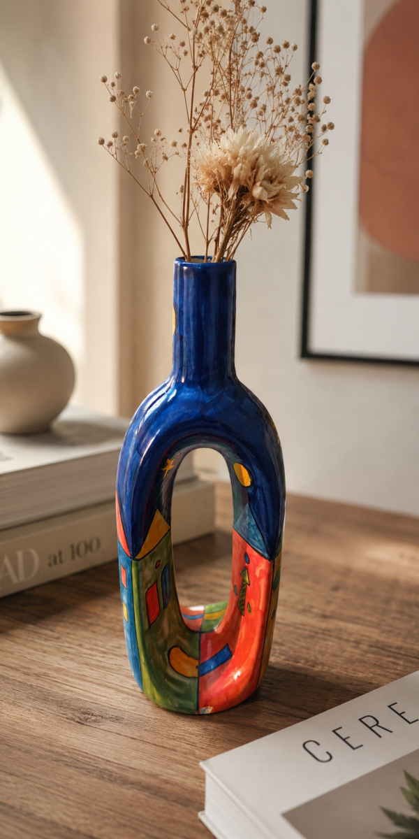 Hand Painted Ceramic Loop Vase - Abstract Folk Art Blue (1) Hand Painted Ceramic Loop Vase - Abstract Folk Art Blue (1)