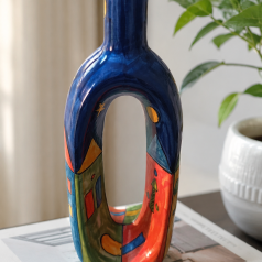 Hand Painted Ceramic Loop Vase - Abstract Folk Art Blue (2)