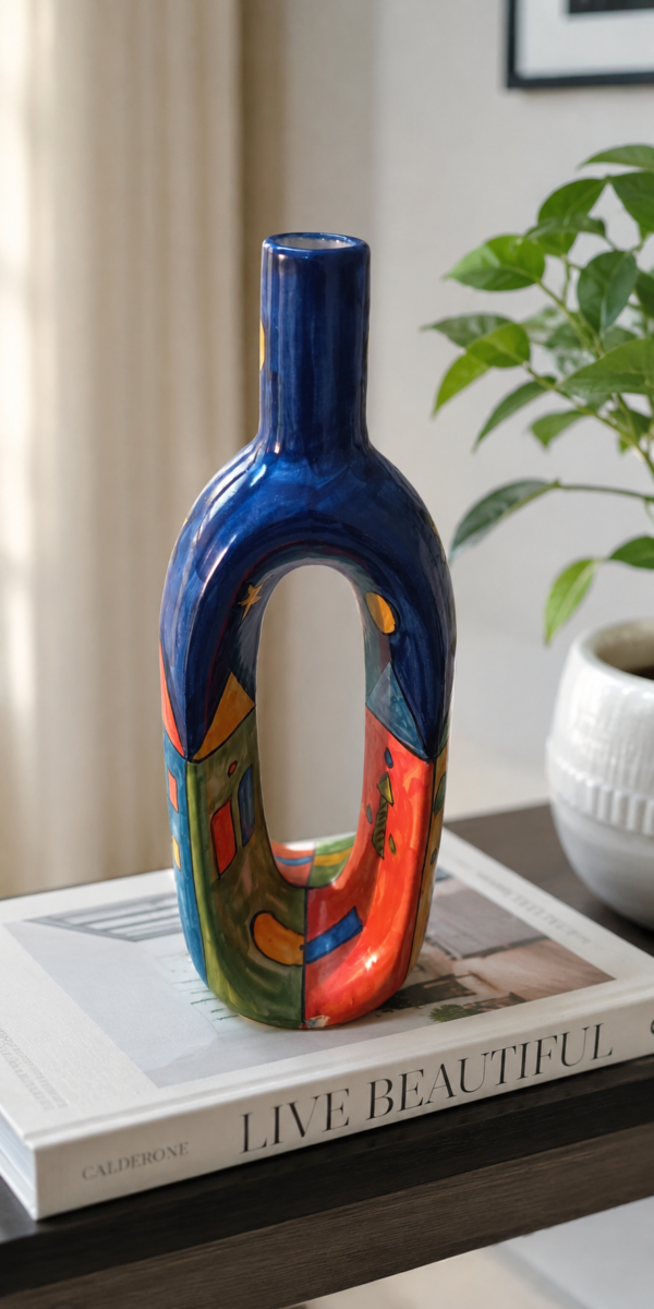 Hand Painted Ceramic Loop Vase - Abstract Folk Art Blue (2) Hand Painted Ceramic Loop Vase - Abstract Folk Art Blue (2)