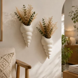 Jaipur night hand painted donut ring vase set of 2 ceramic cone wall vase with sculpted flowers - hanging bud vase