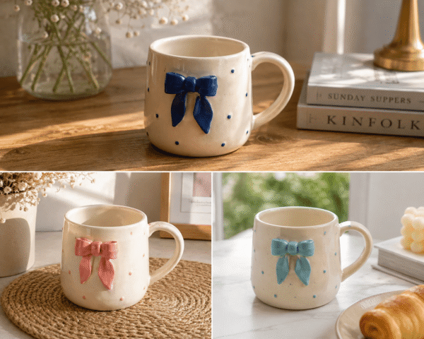 Polka Dot Ceramic Mug with Bow