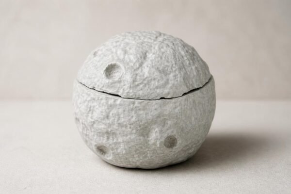 Create a new 4_5 portrait ecommerce product image of the grey concrete moon jar, preserving the exact product design and texture from the references. Create a new 4_5 portrait ecommerce product image of the grey concrete moon jar, preserving the exact product design and texture from the references.