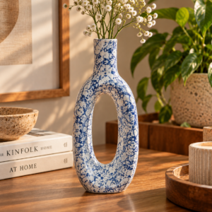 Blue speckled vase and blossoms blue speckled ceramic donut vase | boho abstract flower vase