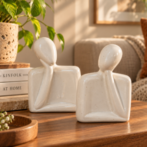Contemplative ceramic figurines in a cosy interior abstract white ceramic human figure sculpture | thinker desk decor