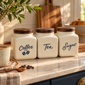 Cosy coffee corner canisters ceramic tea coffee sugar kitchen storage jars with wooden lids