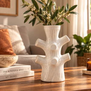 Warmly styled tree branch vase vignette white ceramic tree trunk vase | rustic dried flower jar decor